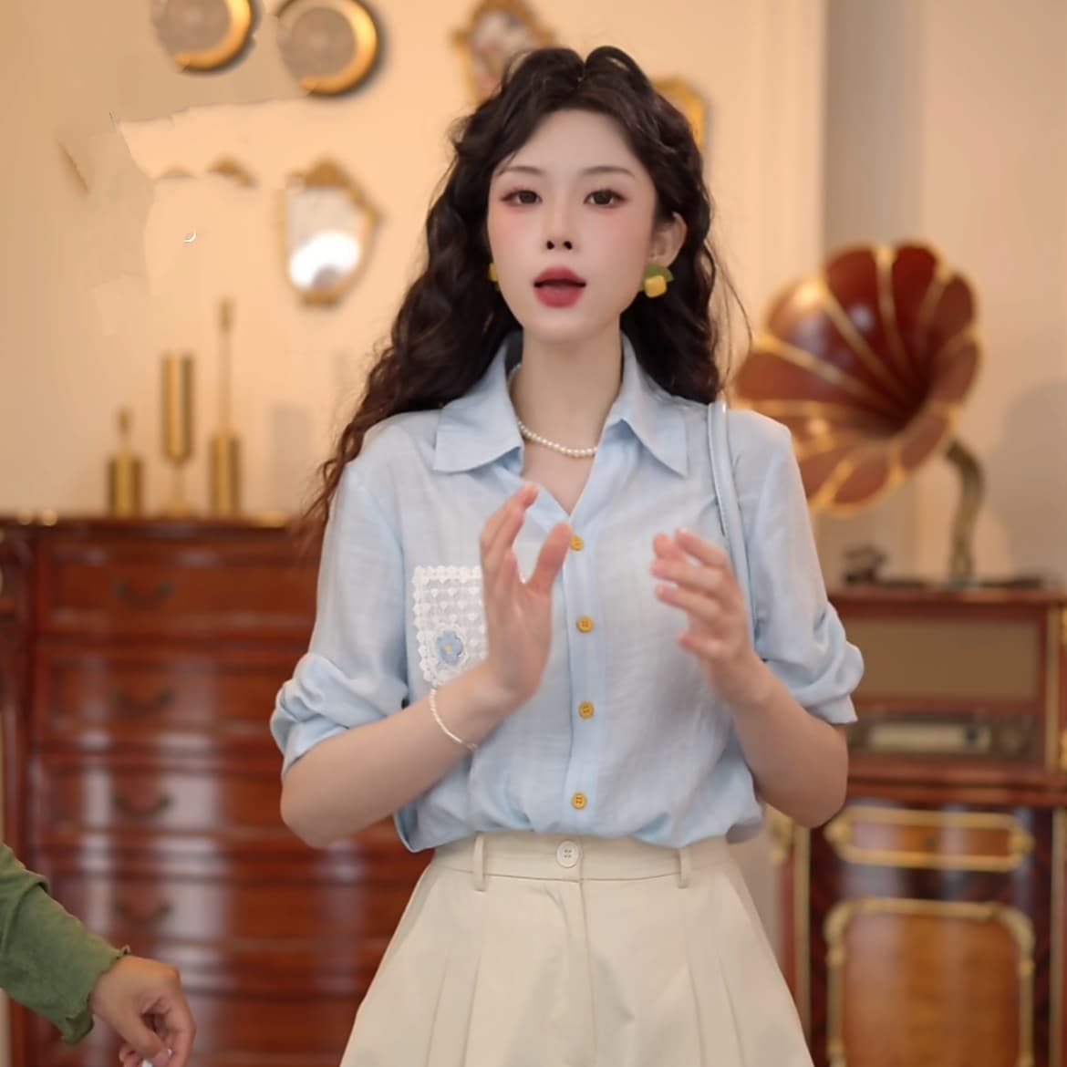 2 색 바다 폼 첫 키스 레트로 항구 바람 패치워크 품격 맨위 반팔 다용도 셔츠 반바지 상세 이미지 13