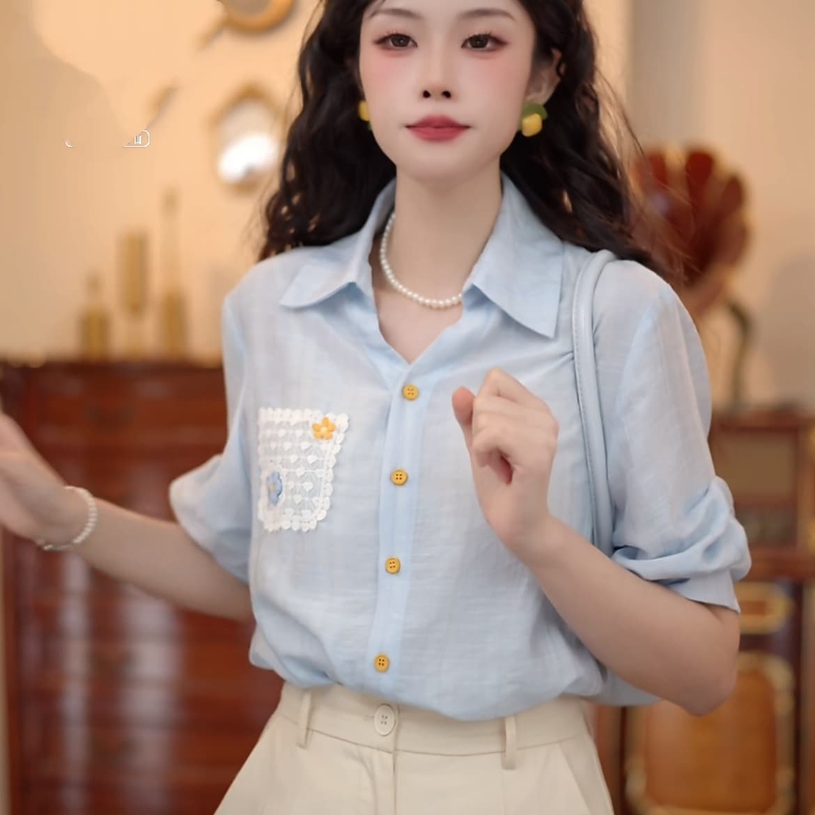2 색 바다 폼 첫 키스 레트로 항구 바람 패치워크 품격 맨위 반팔 다용도 셔츠 반바지 상세 이미지 14