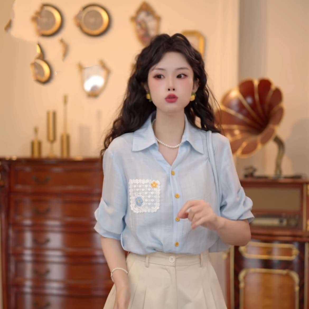 2 색 바다 폼 첫 키스 레트로 항구 바람 패치워크 품격 맨위 반팔 다용도 셔츠 반바지 상세 이미지 16