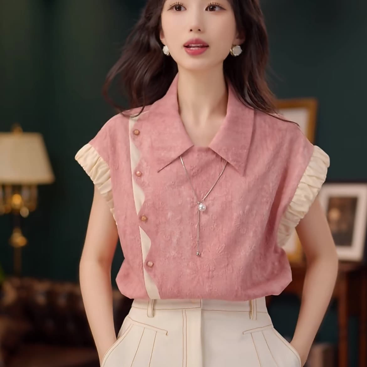 신 대추 냉동 레트로 작은 셔츠 캐주얼 다용도 반팔 여성 여름 맨위 상세 이미지 1
