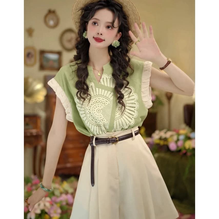 2 색 하프 설탕 지배 항구 바람 레트로 여름 V 넥 셔츠 패치워크 색상 슬림해 보이는 맨위 반바지 상세 이미지 1