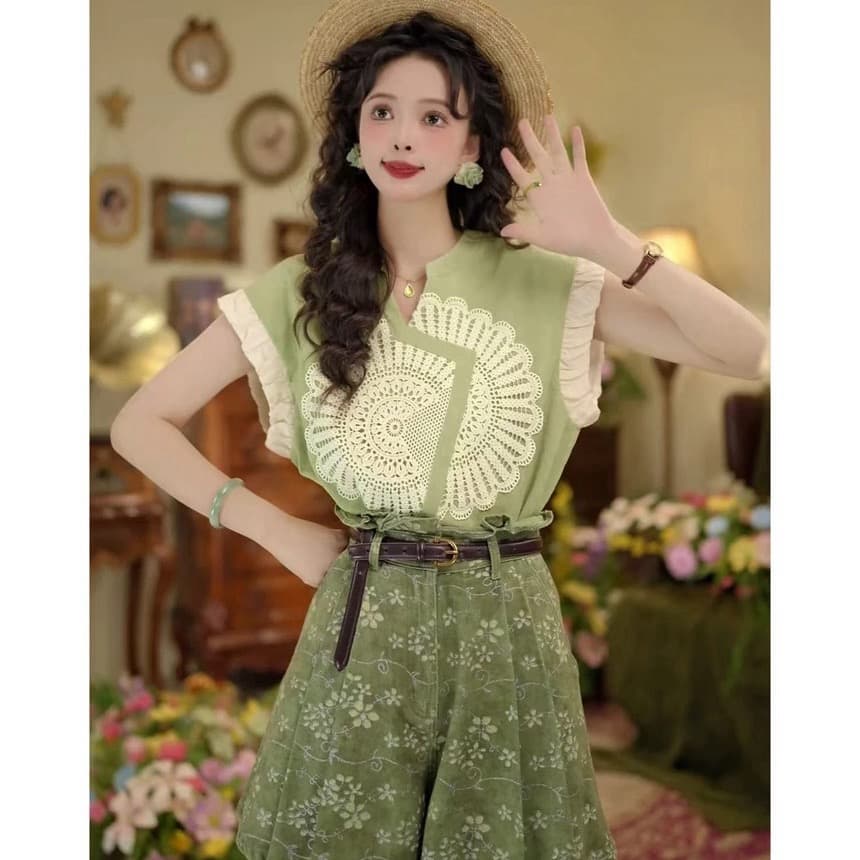 2 색 하프 설탕 지배 항구 바람 레트로 여름 V 넥 셔츠 패치워크 색상 슬림해 보이는 맨위 반바지 상세 이미지 7