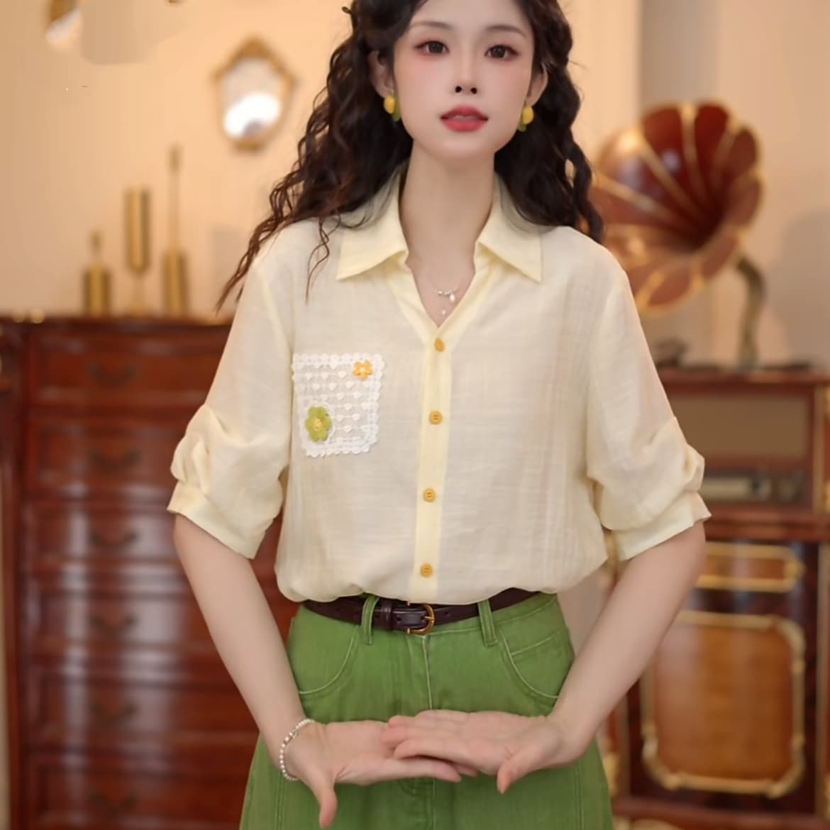 2 색 바다 폼 첫 키스 레트로 항구 바람 패치워크 품격 맨위 반팔 다용도 셔츠 반바지 상세 이미지 2