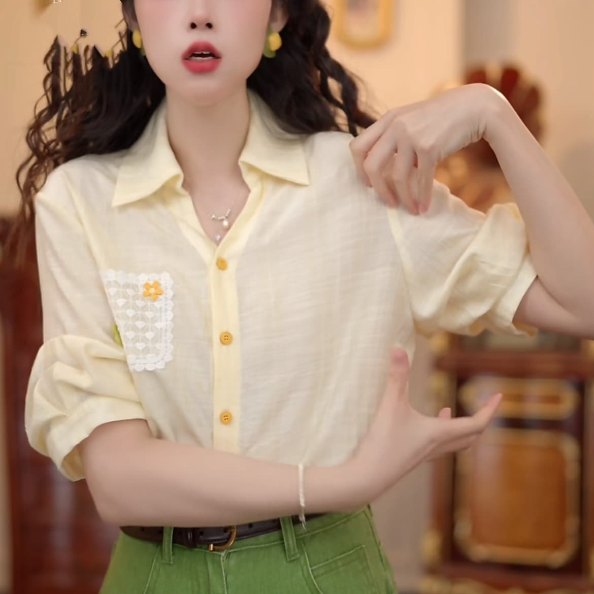 2 색 바다 폼 첫 키스 레트로 항구 바람 패치워크 품격 맨위 반팔 다용도 셔츠 반바지 상세 이미지 6