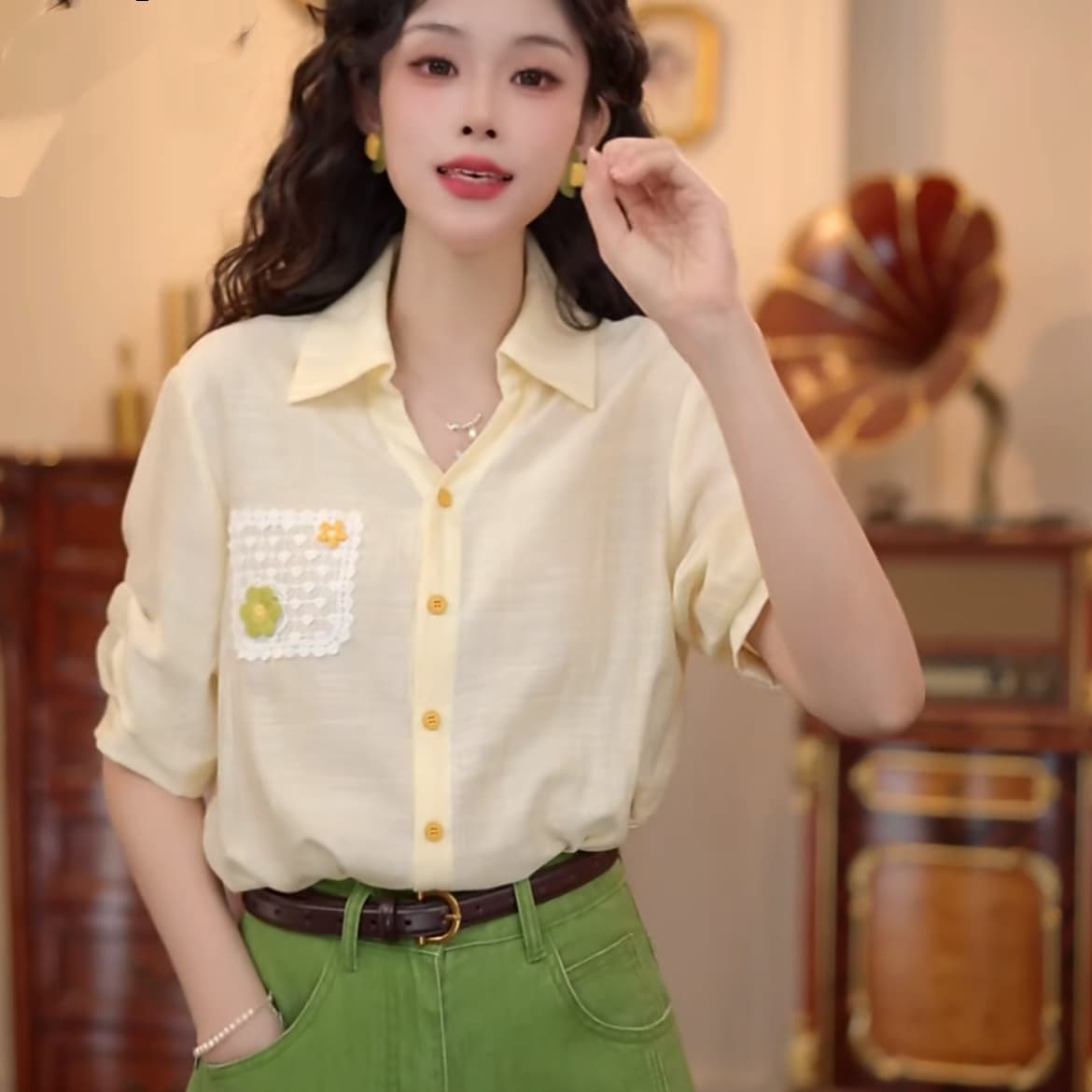 2 색 바다 폼 첫 키스 레트로 항구 바람 패치워크 품격 맨위 반팔 다용도 셔츠 반바지 상세 이미지 7