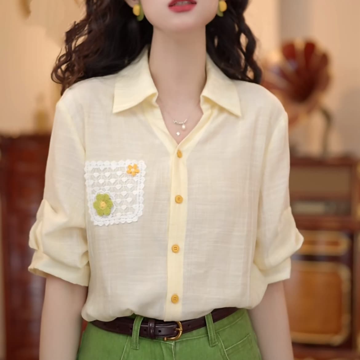 2 색 바다 폼 첫 키스 레트로 항구 바람 패치워크 품격 맨위 반팔 다용도 셔츠 반바지 상세 이미지 8