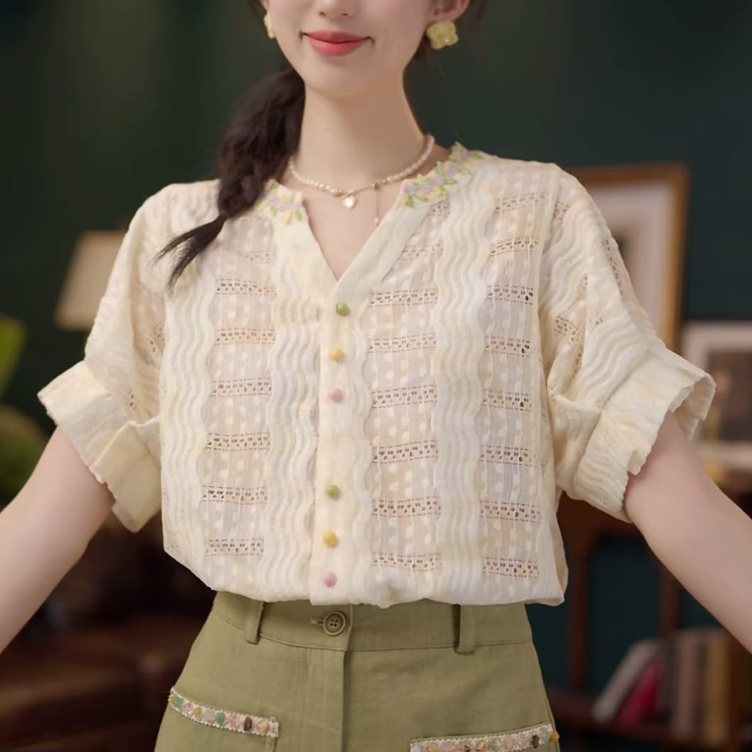 2 색 연기 루오 비 부드러운 셔츠 캐주얼 다용도 반팔 여성 셔츠 여름 맨위 상세 이미지 1
