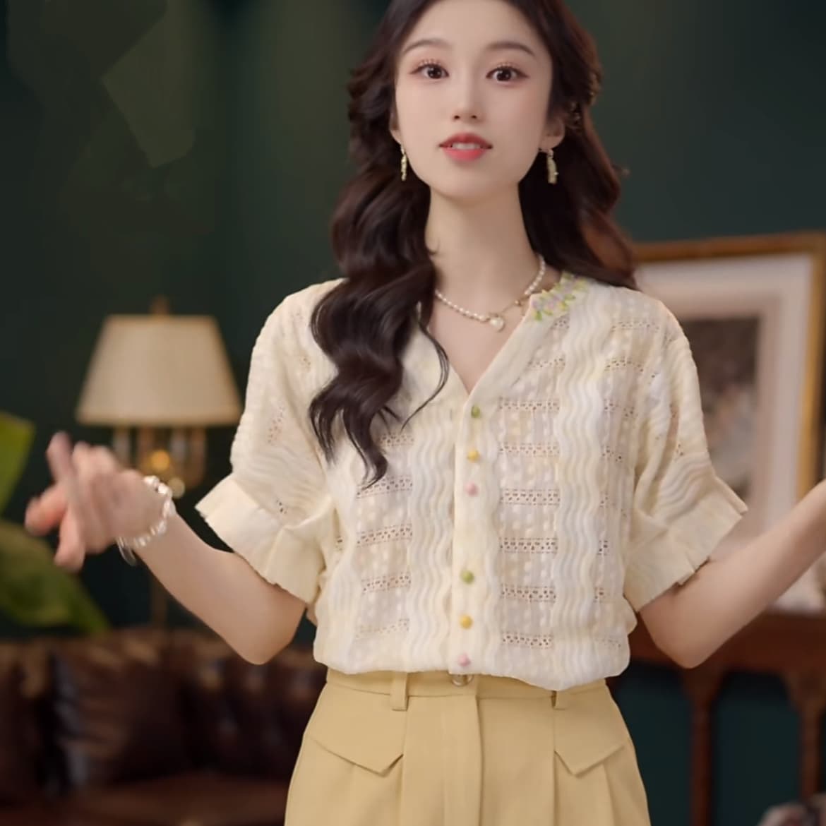 2 색 연기 루오 비 부드러운 셔츠 캐주얼 다용도 반팔 여성 셔츠 여름 맨위 상세 이미지 7