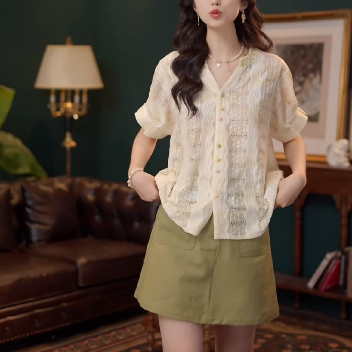 2 색 연기 루오 비 부드러운 셔츠 캐주얼 다용도 반팔 여성 셔츠 여름 맨위 상세 이미지 10
