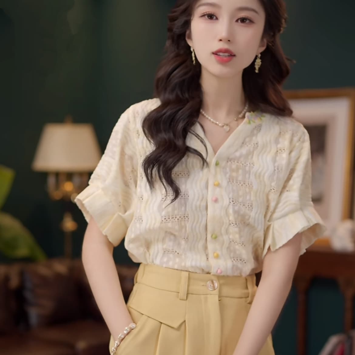 2 색 연기 루오 비 부드러운 셔츠 캐주얼 다용도 반팔 여성 셔츠 여름 맨위 상세 이미지 14