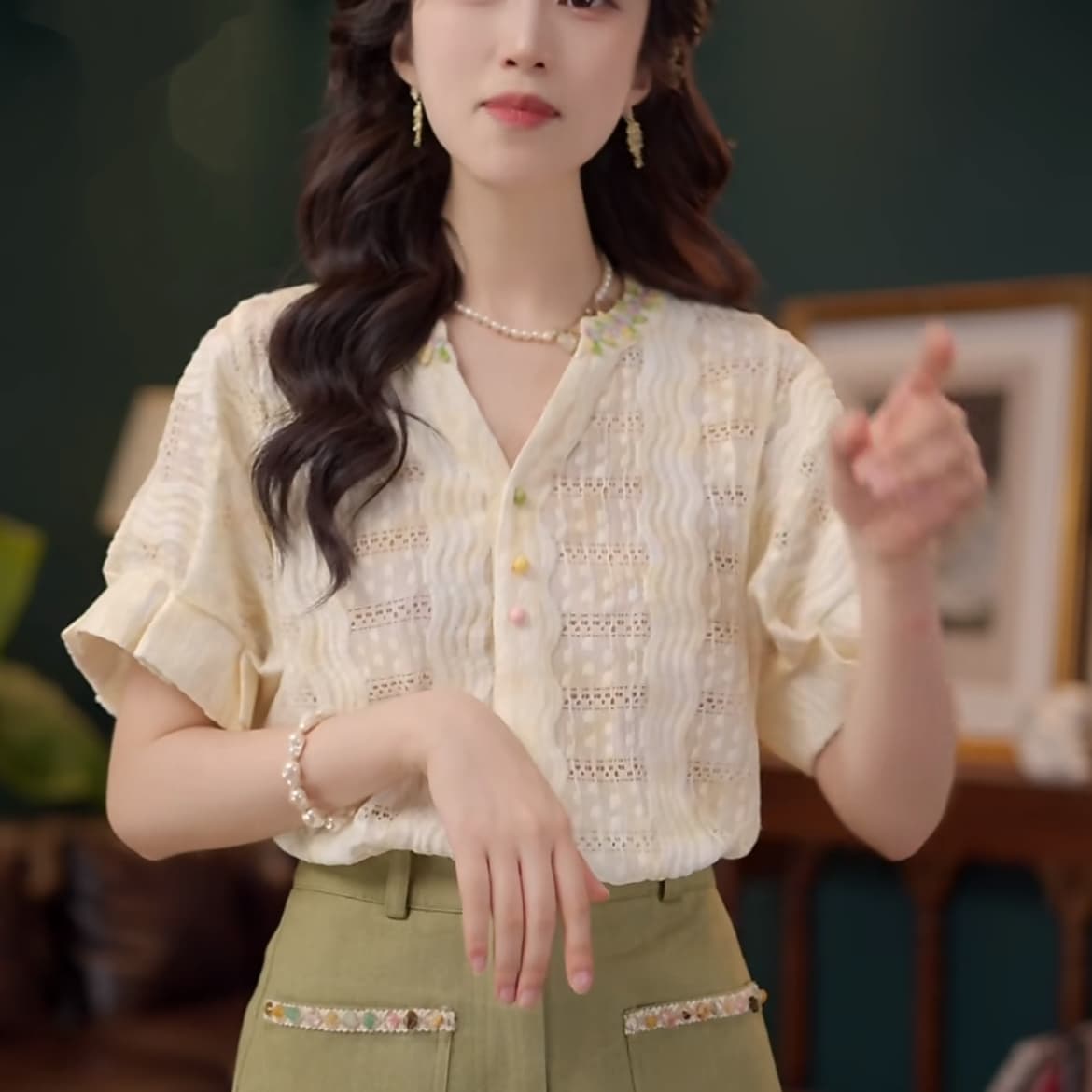 2 색 연기 루오 비 부드러운 셔츠 캐주얼 다용도 반팔 여성 셔츠 여름 맨위 상세 이미지 15