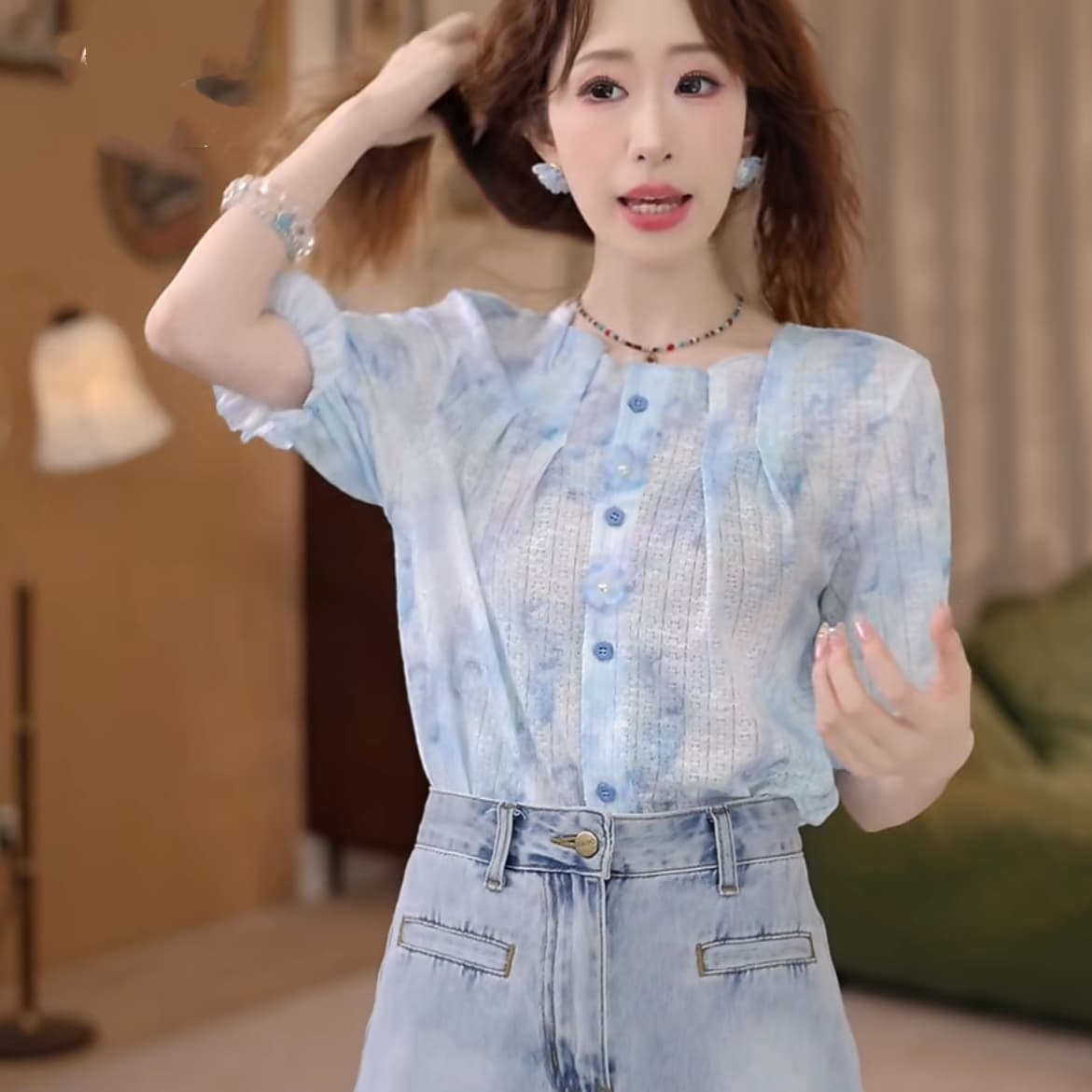 비바람 ~까지 레트로 패치워크 셔츠 문예 슬림해 보이는 새로운 작은 대중 셔츠 이미지 5