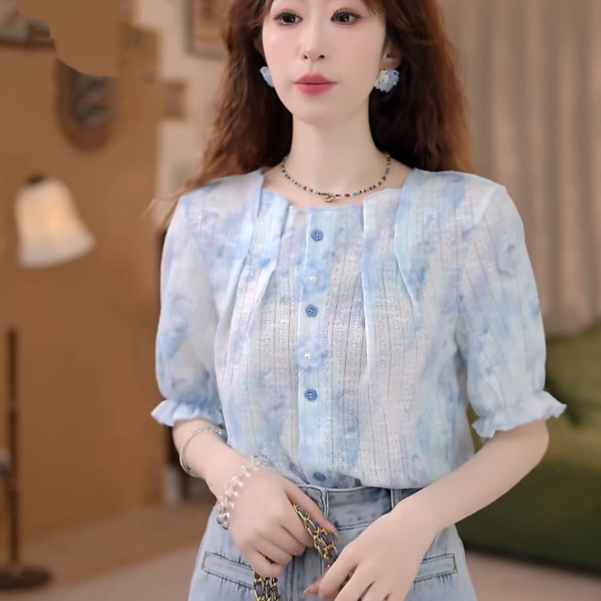 비바람 ~까지 레트로 패치워크 셔츠 문예 슬림해 보이는 새로운 작은 대중 셔츠 이미지 2