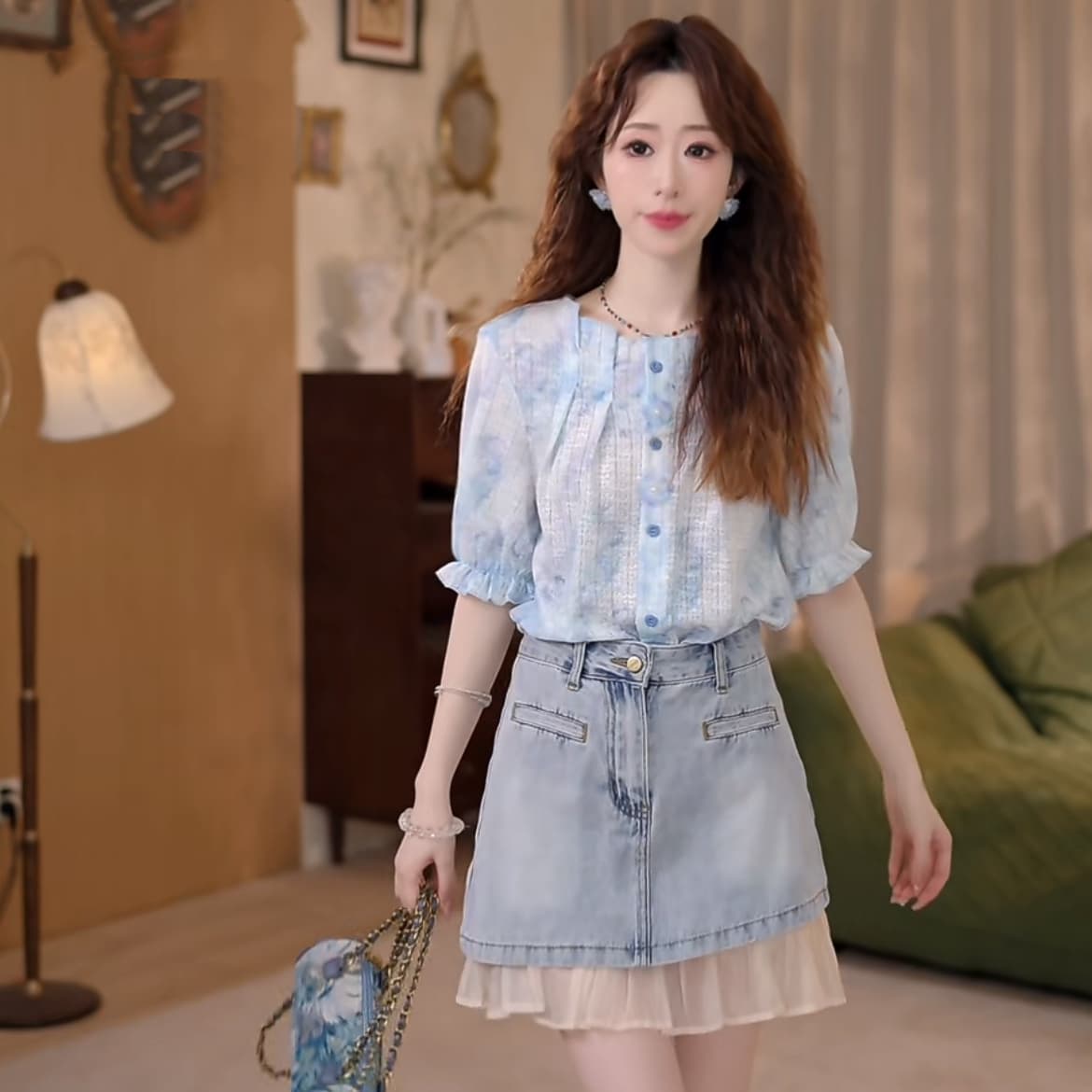 비바람 ~까지 레트로 패치워크 셔츠 문예 슬림해 보이는 새로운 작은 대중 셔츠 이미지 6