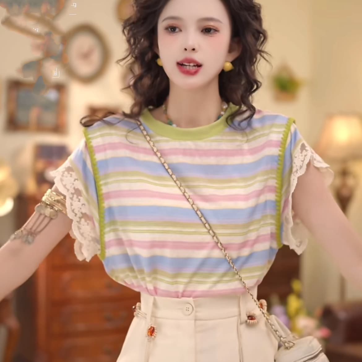 다채로운 무지개 여름 새로운 배색 항구 바람 레트로 작은 청신 맨위 반바지 상세 이미지 1