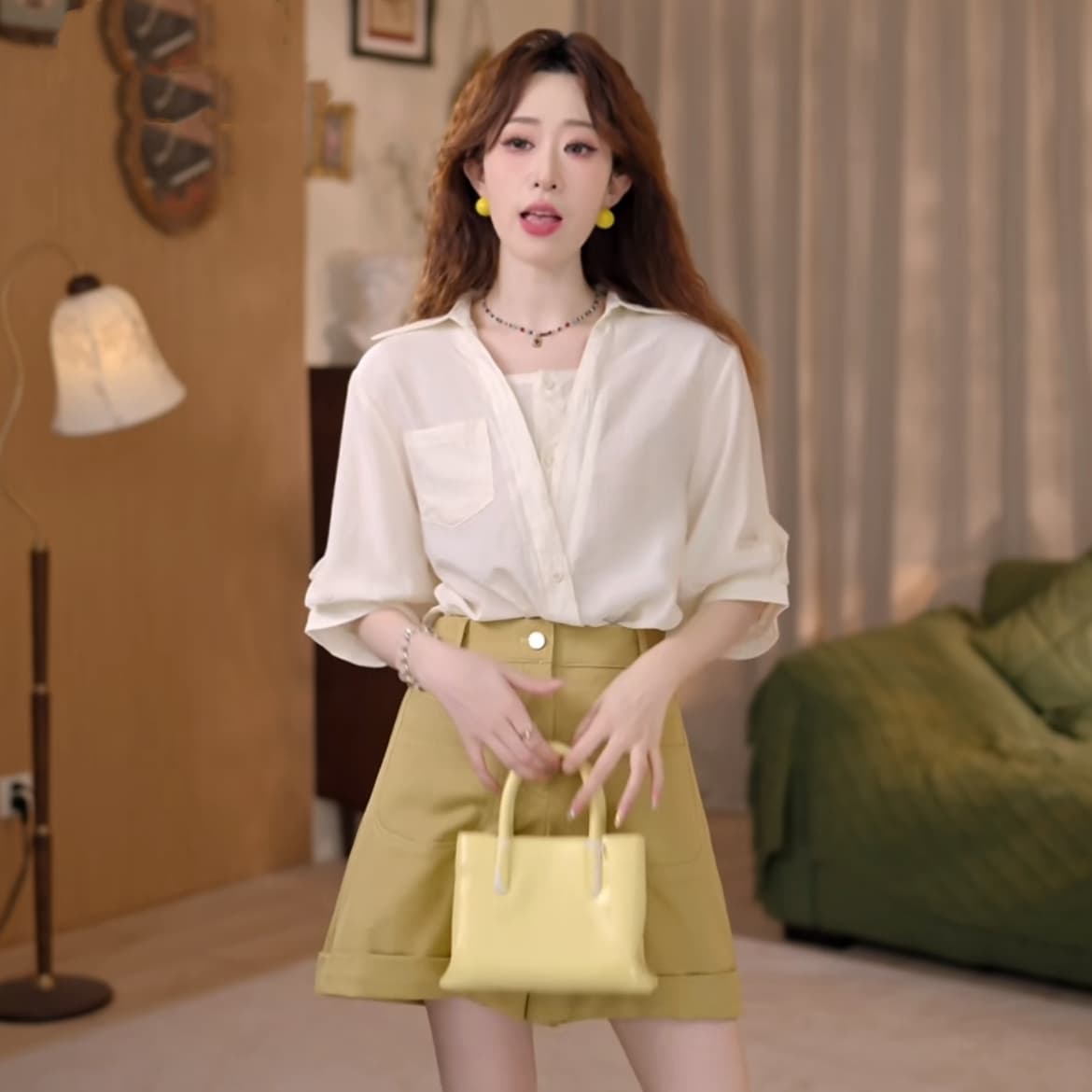 녹색 매 " 현지인 항구 바람 레트로 단색 반팔 여성 셔츠 루즈핏 슬림해 보이는 맨위 이미지 4