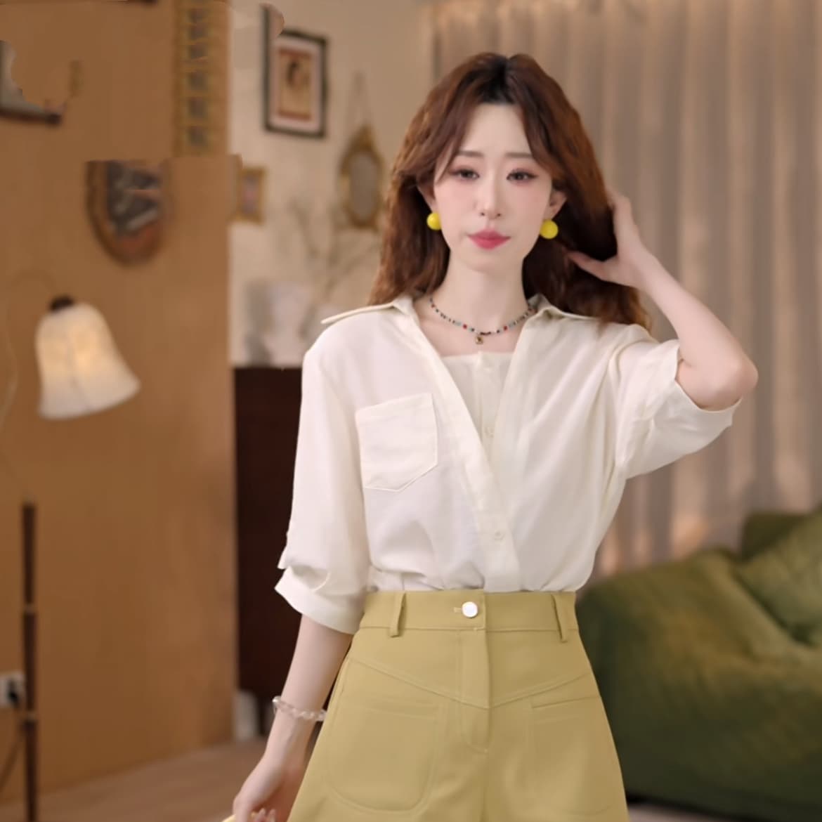 녹색 매 " 현지인 항구 바람 레트로 단색 반팔 여성 셔츠 루즈핏 슬림해 보이는 맨위 이미지 6