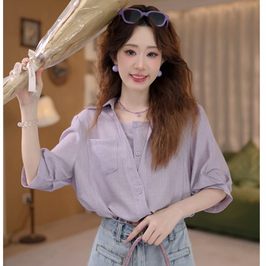녹색 매 " 현지인 항구 바람 레트로 단색 반팔 여성 셔츠 루즈핏 슬림해 보이는 맨위 상세 이미지 2