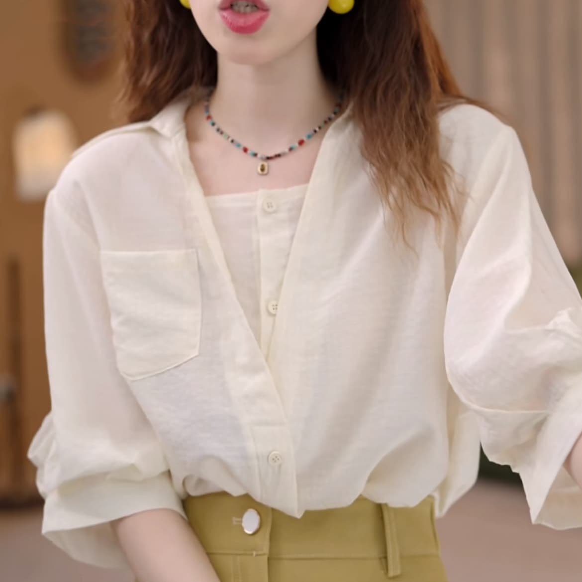 녹색 매 " 현지인 항구 바람 레트로 단색 반팔 여성 셔츠 루즈핏 슬림해 보이는 맨위 상세 이미지 4