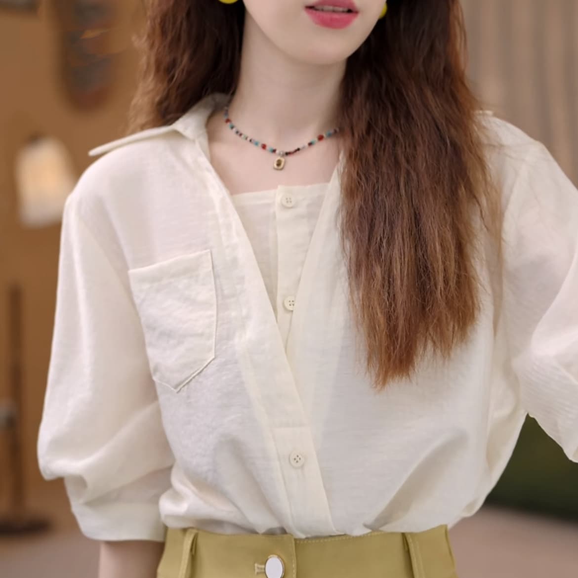 녹색 매 " 현지인 항구 바람 레트로 단색 반팔 여성 셔츠 루즈핏 슬림해 보이는 맨위 상세 이미지 7