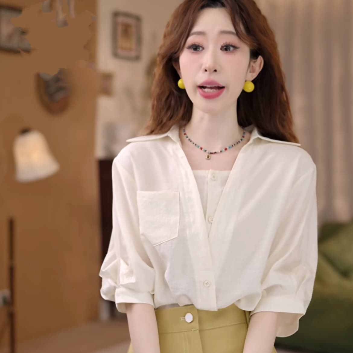 녹색 매 " 현지인 항구 바람 레트로 단색 반팔 여성 셔츠 루즈핏 슬림해 보이는 맨위 상세 이미지 14