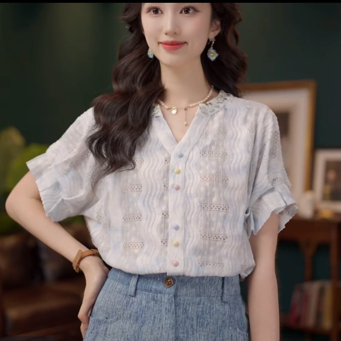 2 색 연기 루오 비 부드러운 셔츠 캐주얼 다용도 반팔 여성 셔츠 여름 맨위 이미지 5
