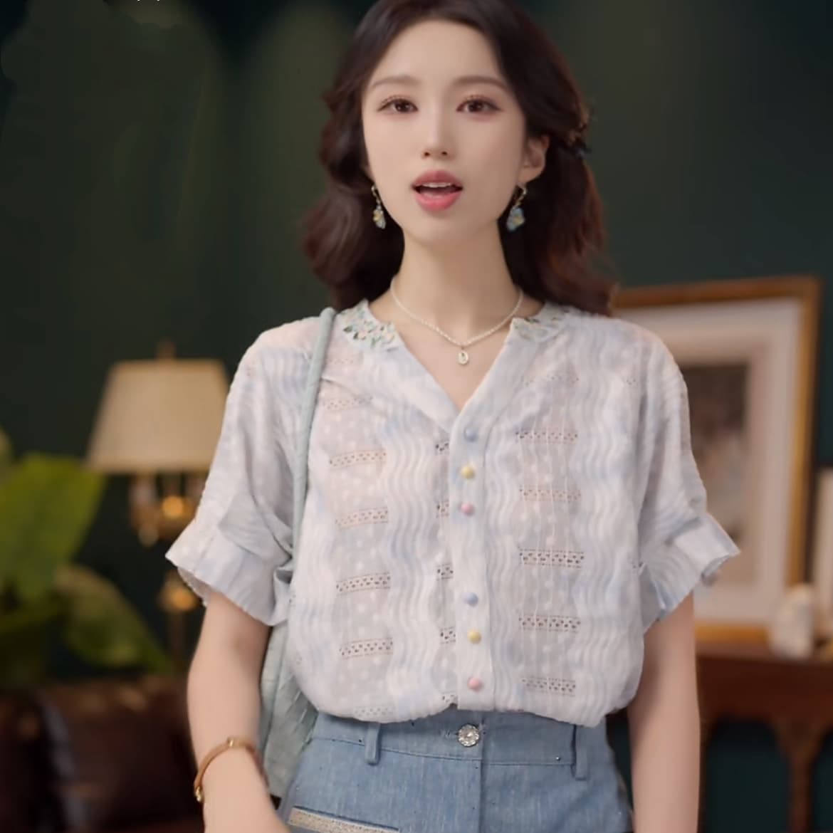 2 색 연기 루오 비 부드러운 셔츠 캐주얼 다용도 반팔 여성 셔츠 여름 맨위 이미지 3