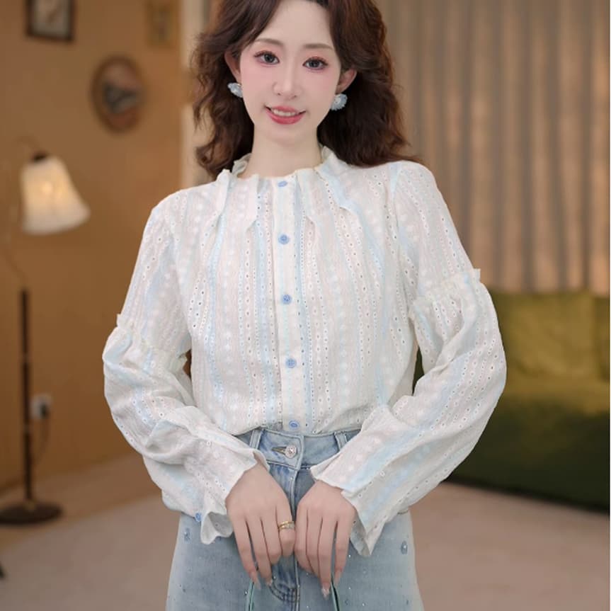 맑은 봄날 레트로 항구 바람 홀로우 아웃 맨위 봄 여름 긴팔 다용도 셔츠 상세 이미지 1