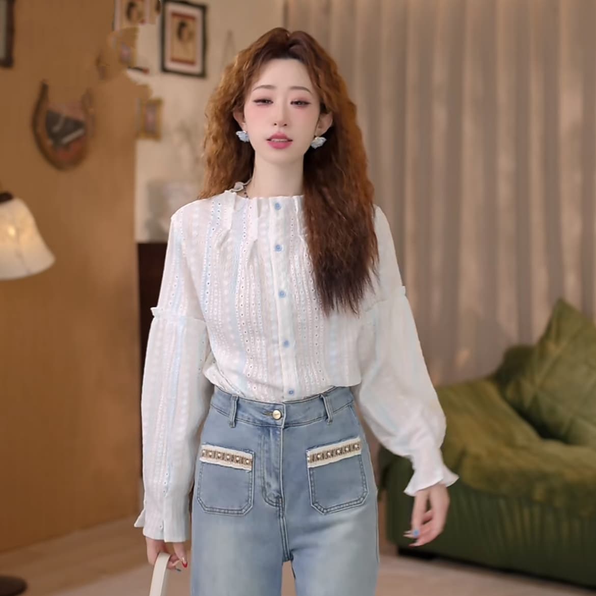 맑은 봄날 레트로 항구 바람 홀로우 아웃 맨위 봄 여름 긴팔 다용도 셔츠 상세 이미지 4