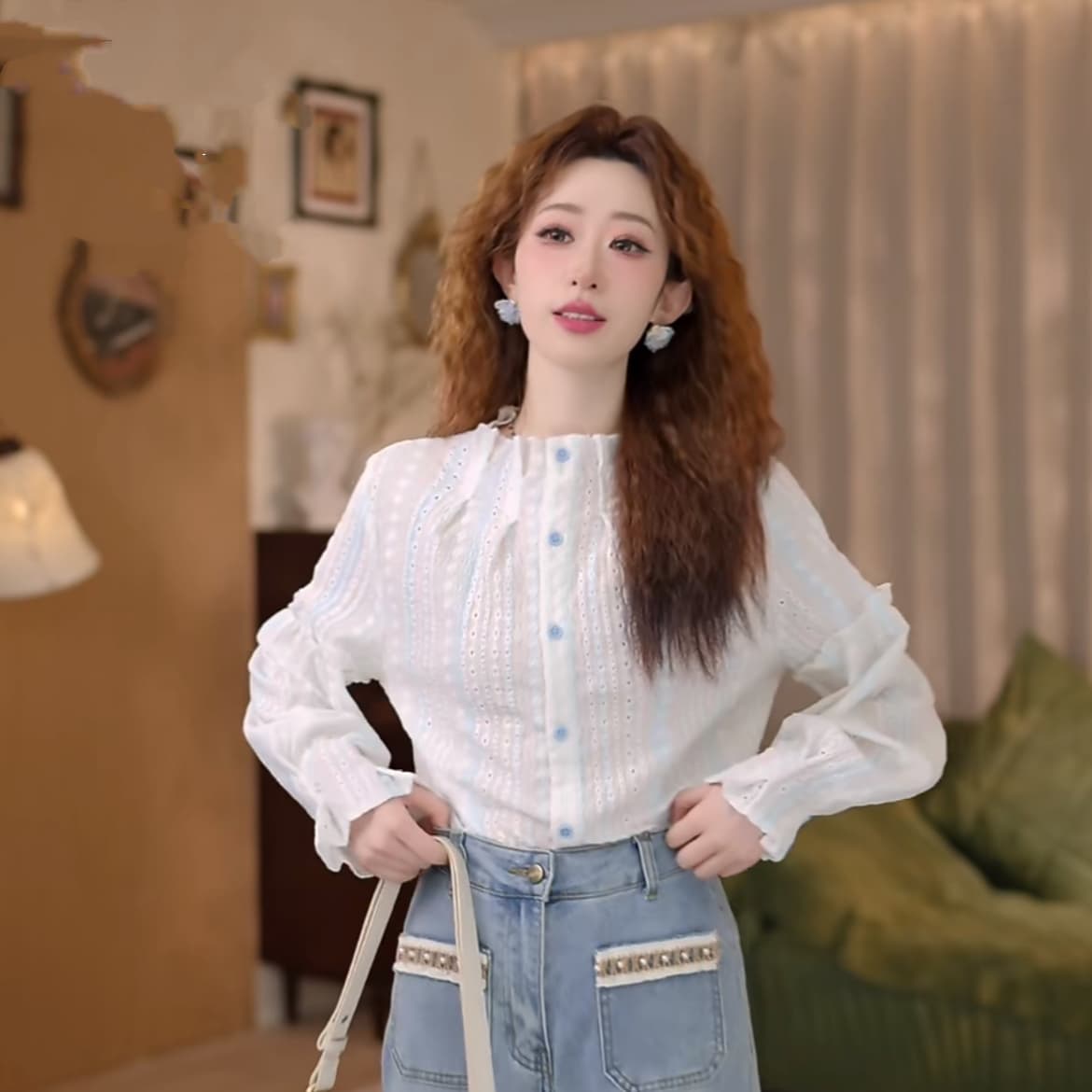 맑은 봄날 레트로 항구 바람 홀로우 아웃 맨위 봄 여름 긴팔 다용도 셔츠 상세 이미지 5