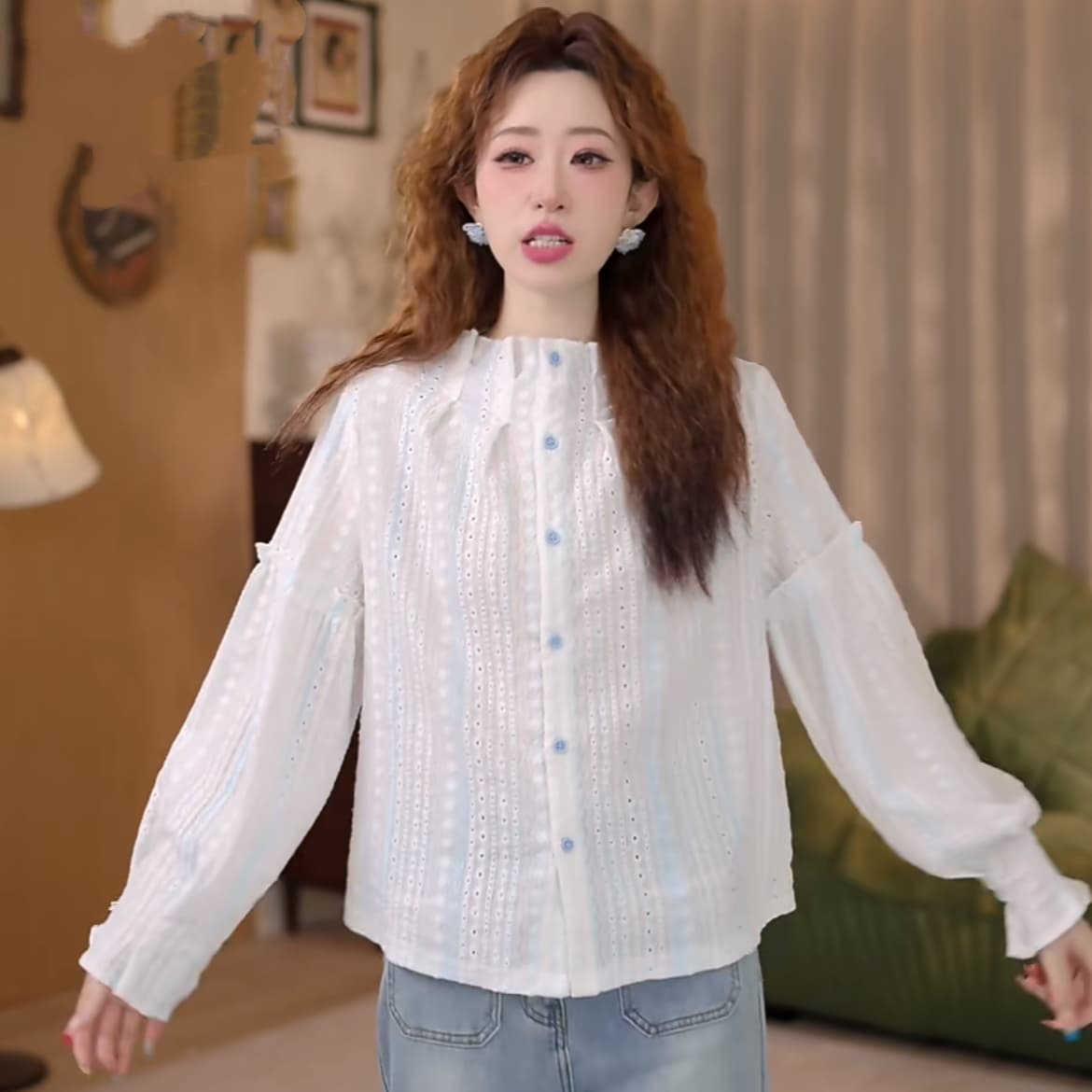 맑은 봄날 레트로 항구 바람 홀로우 아웃 맨위 봄 여름 긴팔 다용도 셔츠 상세 이미지 6