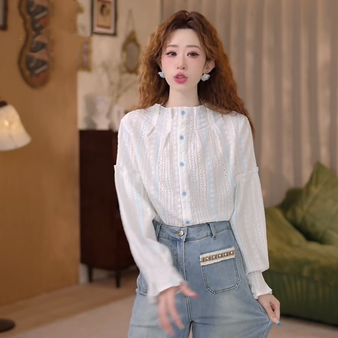 맑은 봄날 레트로 항구 바람 홀로우 아웃 맨위 봄 여름 긴팔 다용도 셔츠 상세 이미지 9