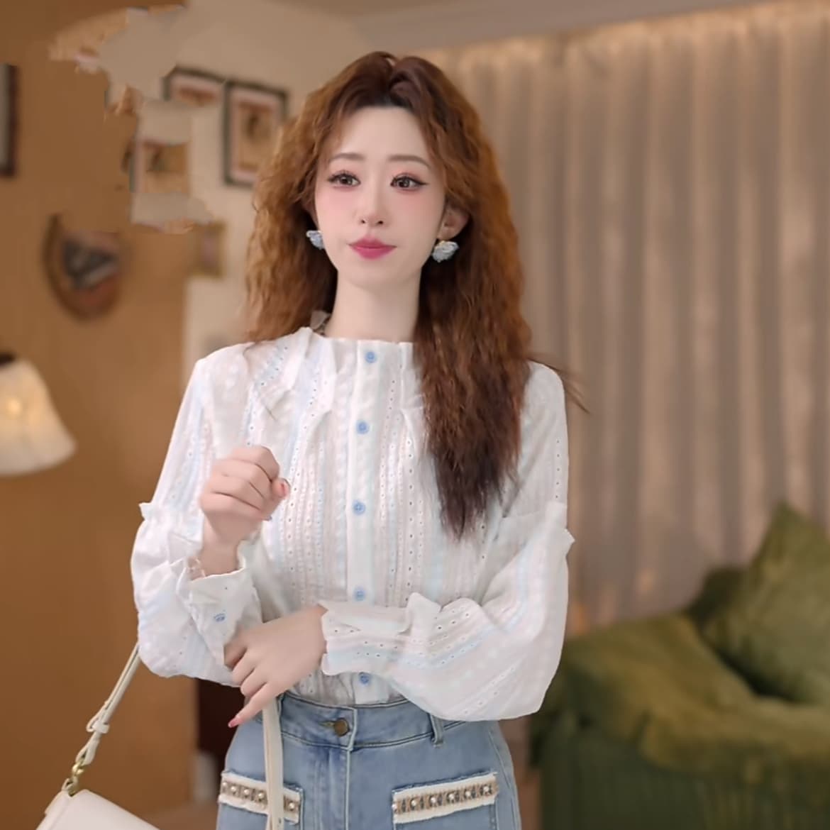 맑은 봄날 레트로 항구 바람 홀로우 아웃 맨위 봄 여름 긴팔 다용도 셔츠 상세 이미지 11