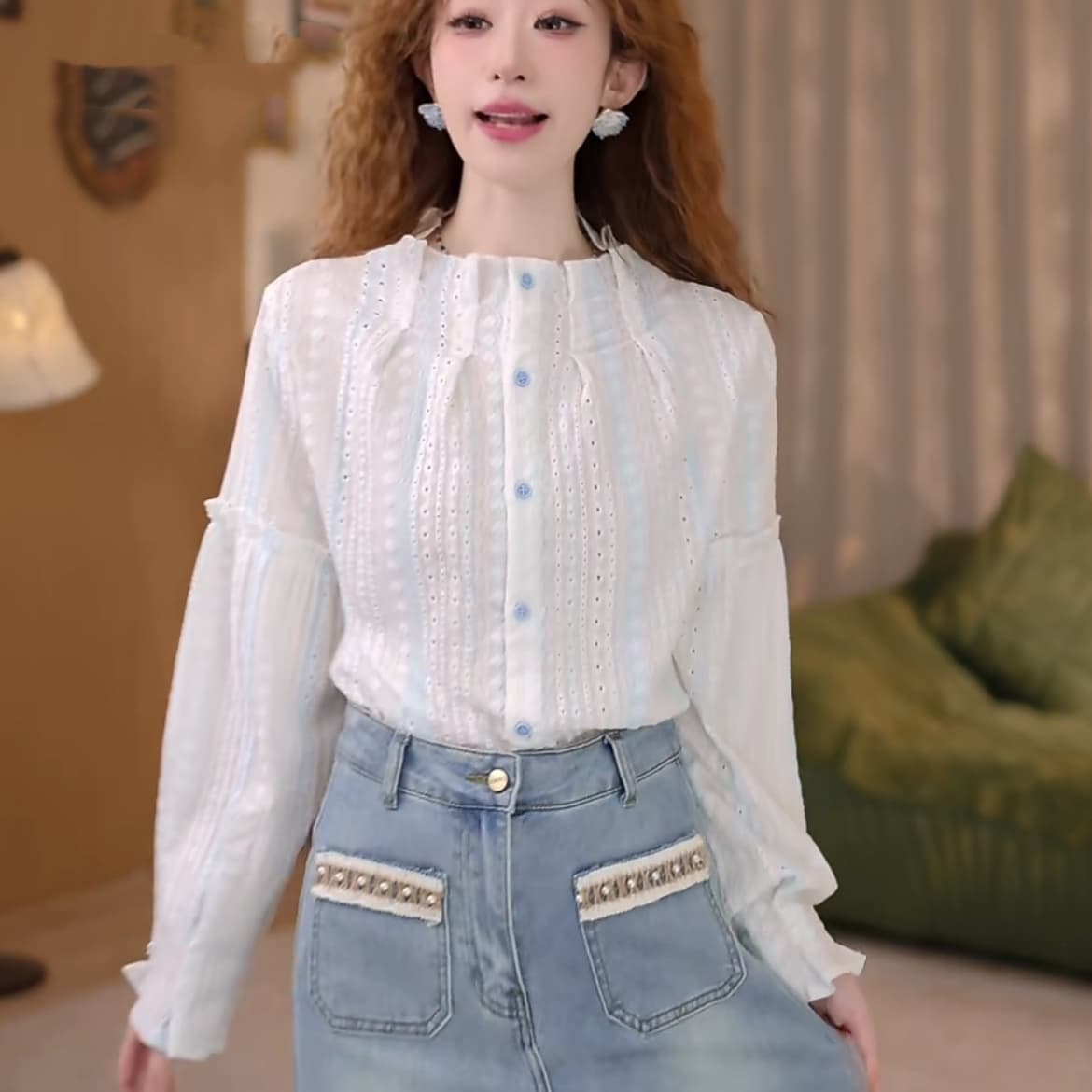 맑은 봄날 레트로 항구 바람 홀로우 아웃 맨위 봄 여름 긴팔 다용도 셔츠 상세 이미지 12