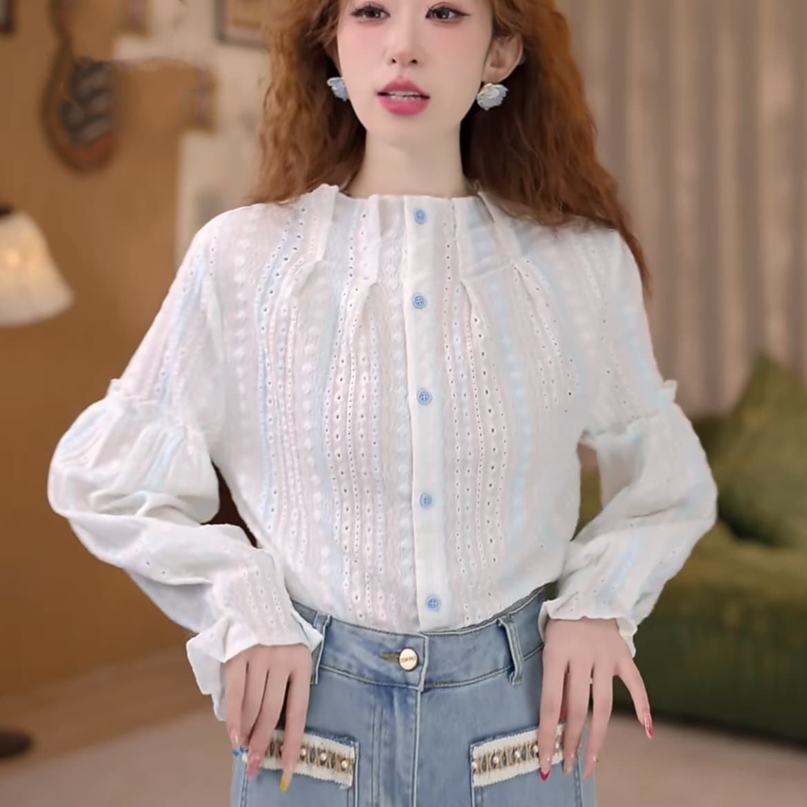 맑은 봄날 레트로 항구 바람 홀로우 아웃 맨위 봄 여름 긴팔 다용도 셔츠 상세 이미지 14