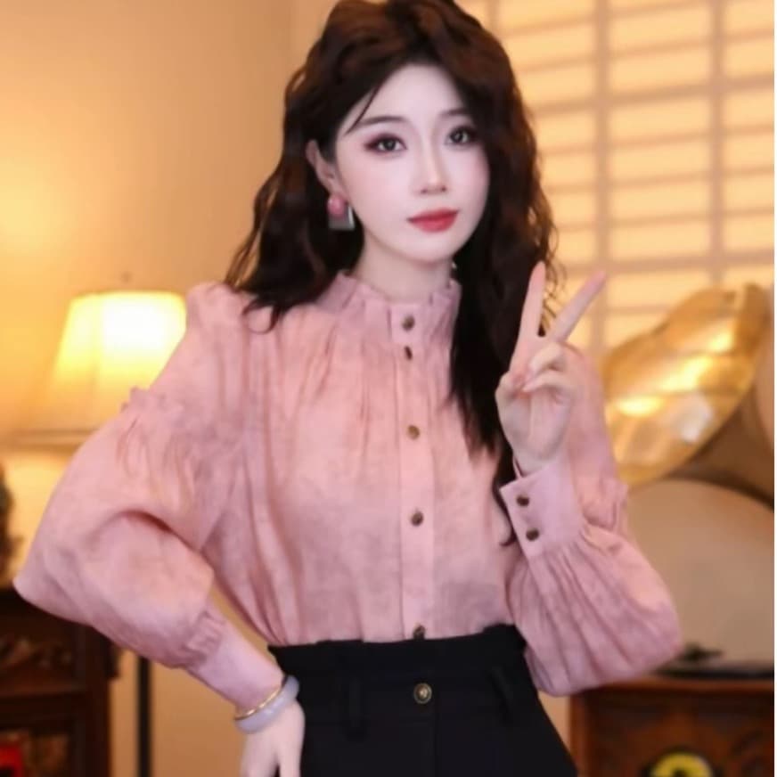 2 색 黛 분말 璎 홍콩 느낌 레트로 디자인 센스 품격 봄 가을 긴팔 맨위 상세 이미지 1
