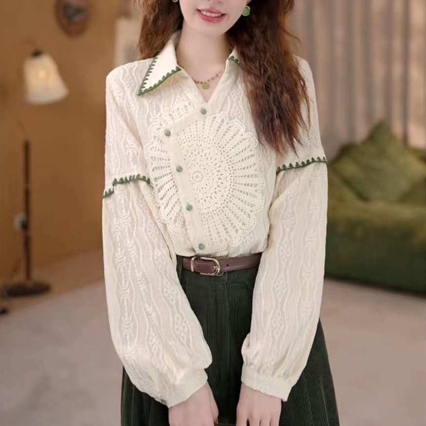 작은 태양 레트로 질감 센스 디자인 센스 긴팔 가을 루즈핏 다용도 셔츠 긴 바지 이미지 3