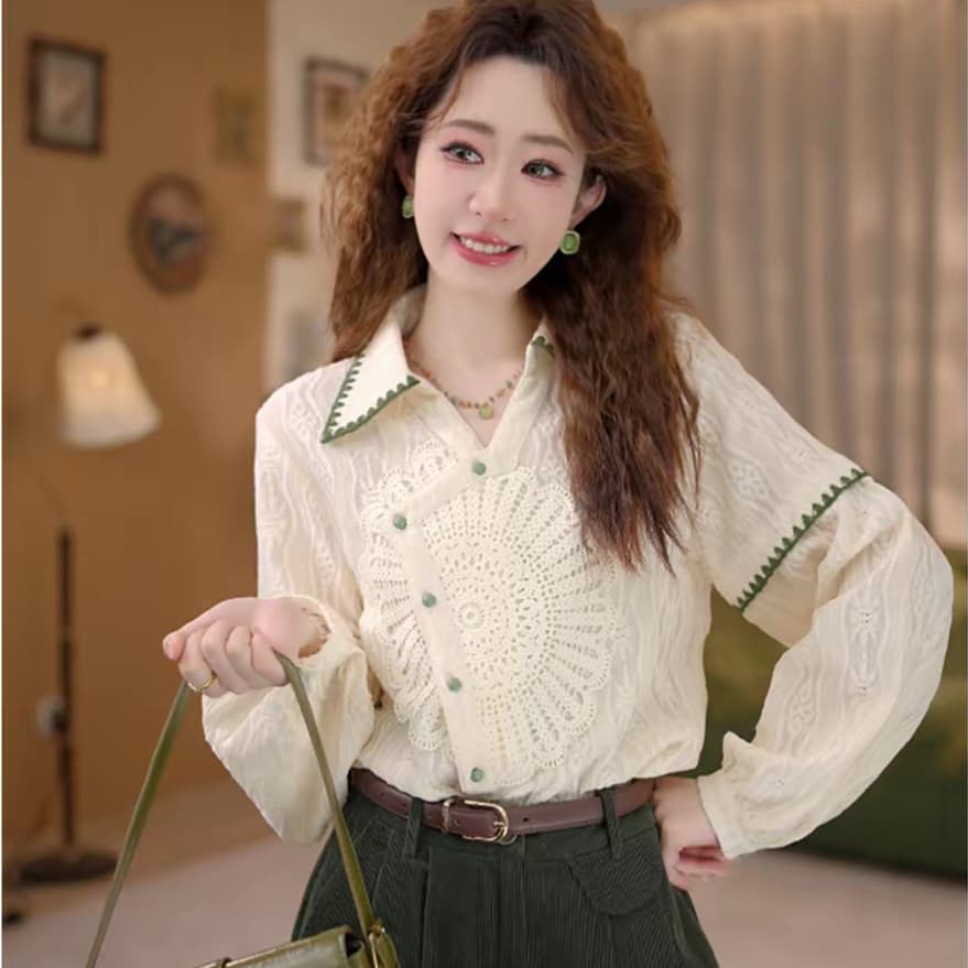 작은 태양 레트로 질감 센스 디자인 센스 긴팔 가을 루즈핏 다용도 셔츠 긴 바지 이미지 2