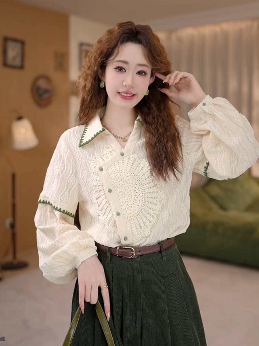 작은 태양 레트로 질감 센스 디자인 센스 긴팔 가을 루즈핏 다용도 셔츠 긴 바지 상세 이미지 3