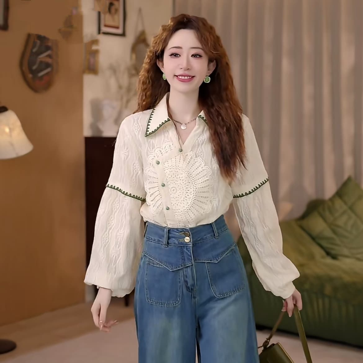 작은 태양 레트로 질감 센스 디자인 센스 긴팔 가을 루즈핏 다용도 셔츠 긴 바지 상세 이미지 4