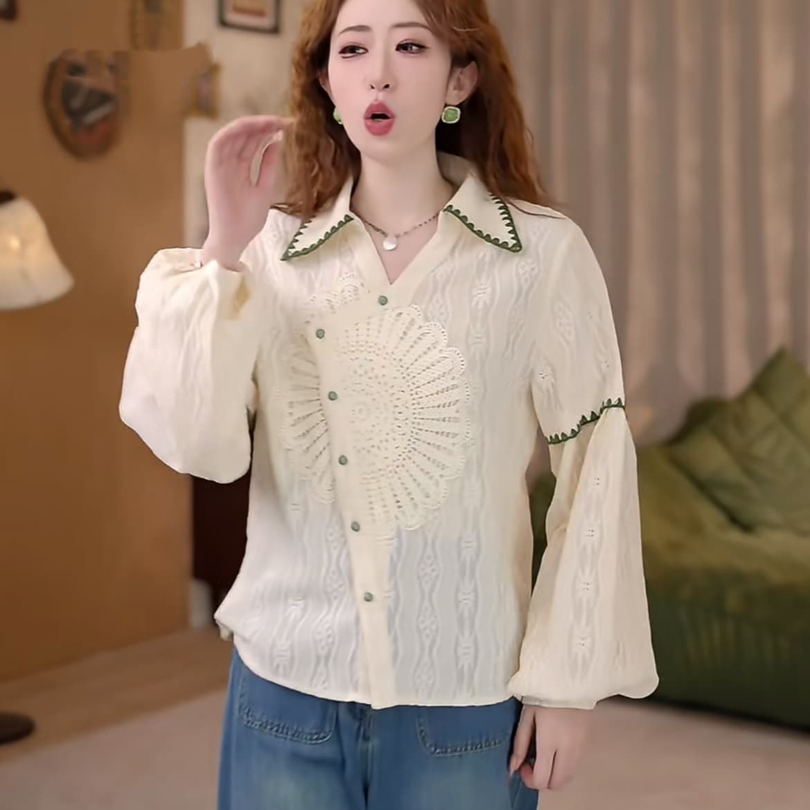 작은 태양 레트로 질감 센스 디자인 센스 긴팔 가을 루즈핏 다용도 셔츠 긴 바지 상세 이미지 6