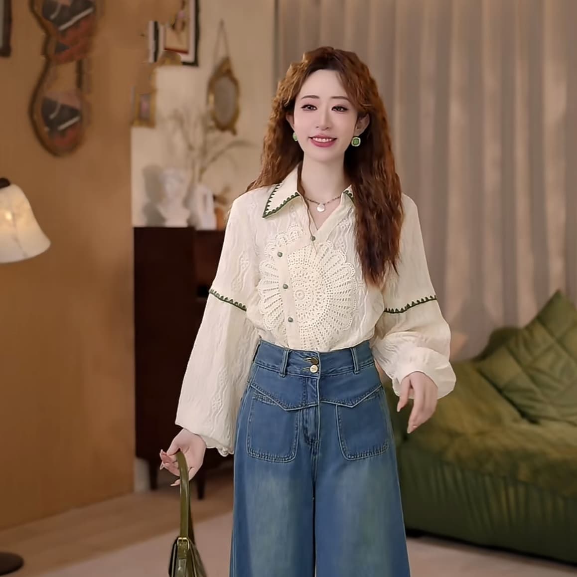 작은 태양 레트로 질감 센스 디자인 센스 긴팔 가을 루즈핏 다용도 셔츠 긴 바지 상세 이미지 7