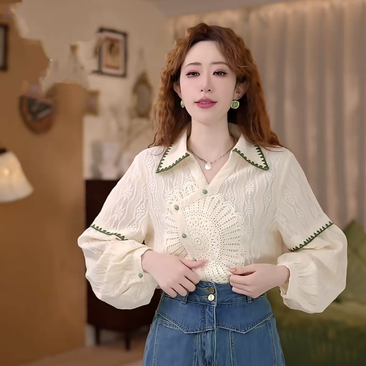 작은 태양 레트로 질감 센스 디자인 센스 긴팔 가을 루즈핏 다용도 셔츠 긴 바지 상세 이미지 12