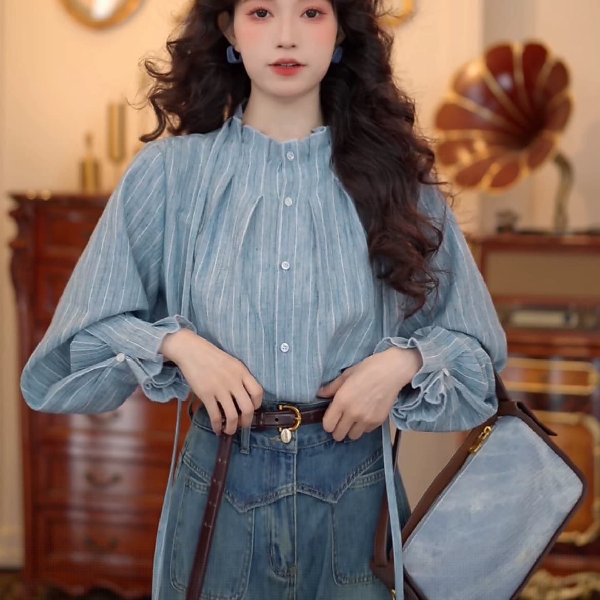 빈 산 신위 레트로 항구 바람 스트라이프 다용도 캐주얼 루즈핏 셔츠 맨위 이미지 5