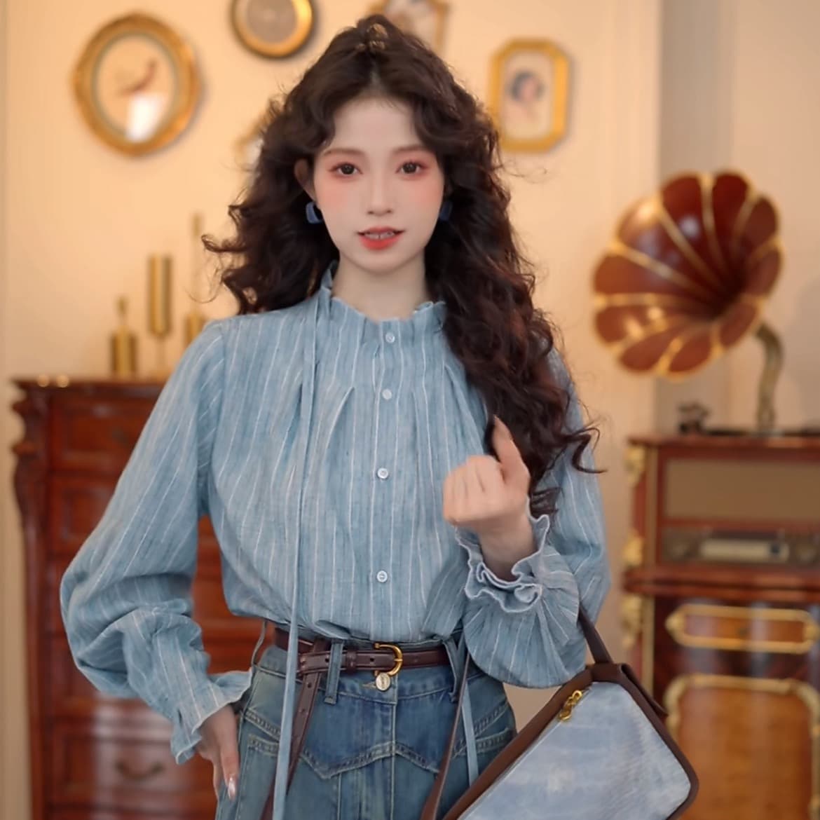 빈 산 신위 레트로 항구 바람 스트라이프 다용도 캐주얼 루즈핏 셔츠 맨위 이미지 2