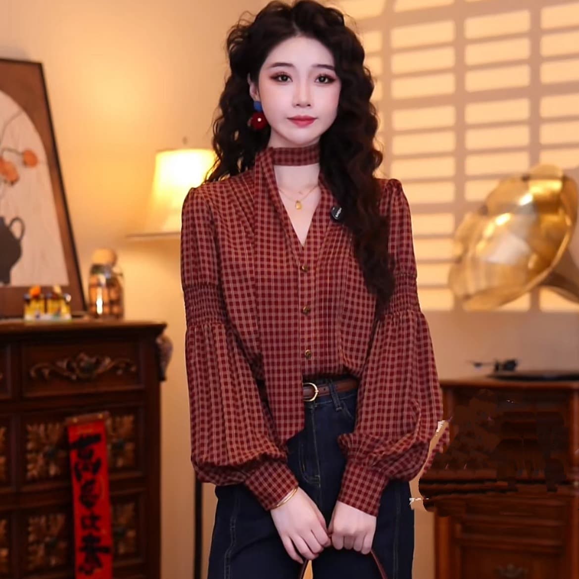 레트로 사소한 홍콩 느낌 레트로 패션 품격 디자인 센스 긴팔 맨위 이미지 5
