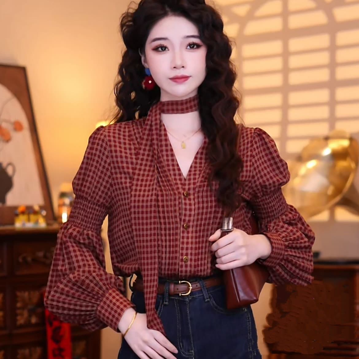 레트로 사소한 홍콩 느낌 레트로 패션 품격 디자인 센스 긴팔 맨위 상세 이미지 1