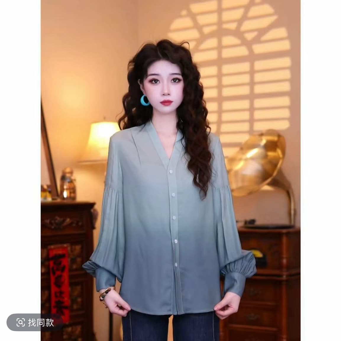 그린 필드 숲 홍콩 느낌 레트로 패션 품격 디자인 센스 긴팔 맨위 이미지 4