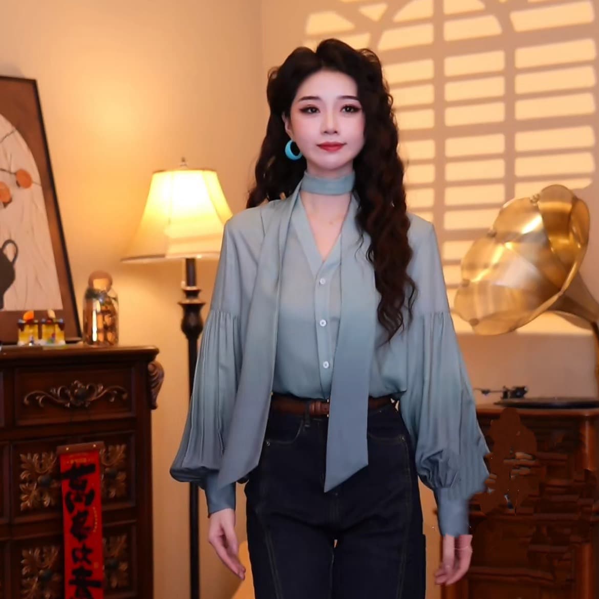 그린 필드 숲 홍콩 느낌 레트로 패션 품격 디자인 센스 긴팔 맨위 이미지 6