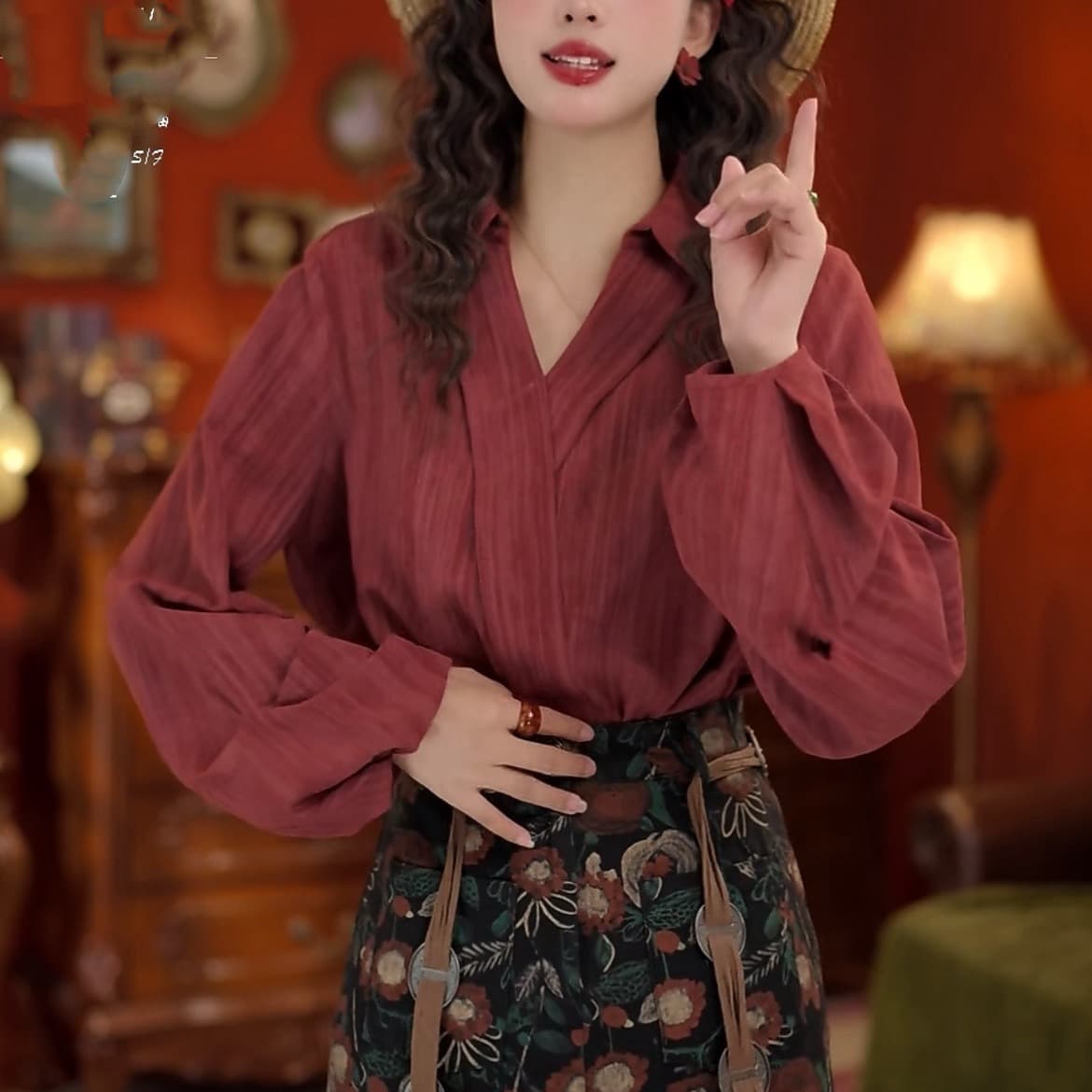 알고있다. 비가 오기 전에 항구 바람 레트로 V넥 빨간색 셔츠 디자인 센스 긴팔 셔츠 이미지 2